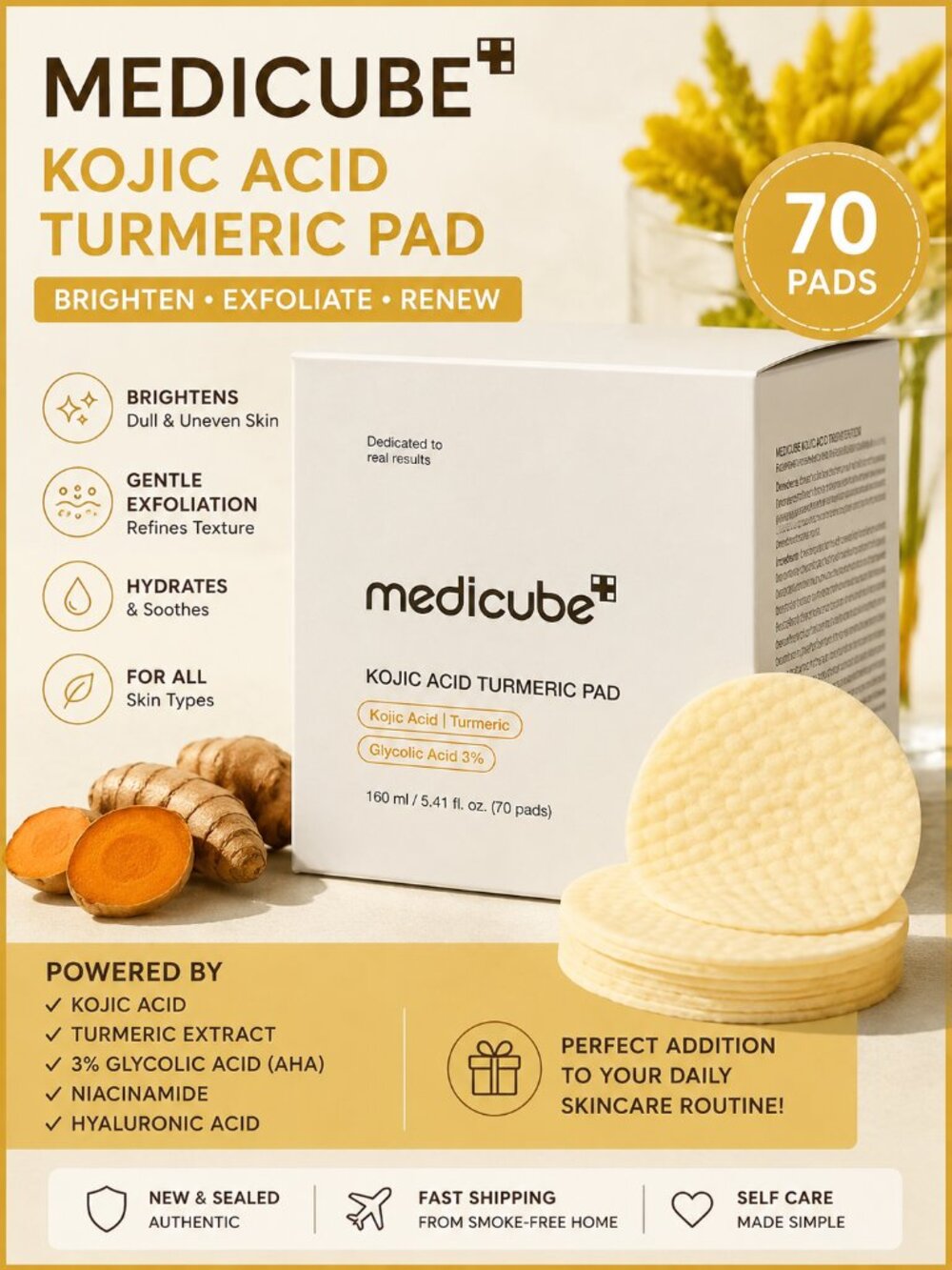 Medicube Kojic Acid Turmeric Pads 70ct NEW Sealed Brightening Dark Spot Toner Pa